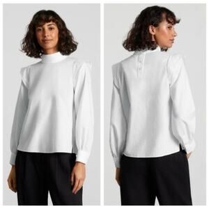 Everlane Wing Sleeve Mock Neck Top Size 6 White Cotton Long Sleeve Button Back